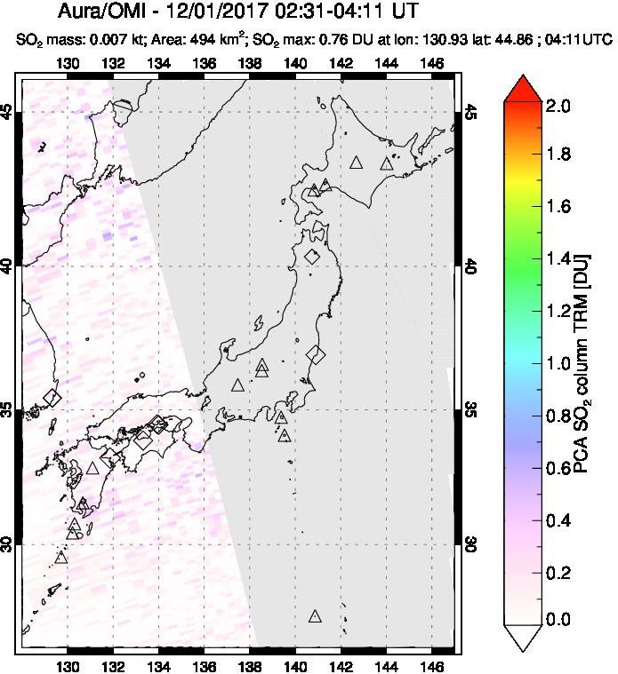 A sulfur dioxide image over Japan on Dec 01, 2017.