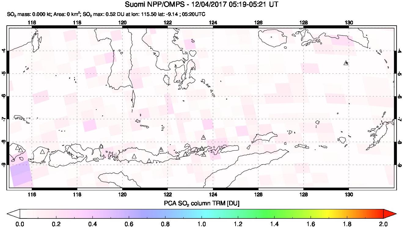 A sulfur dioxide image over Lesser Sunda Islands, Indonesia on Dec 04, 2017.