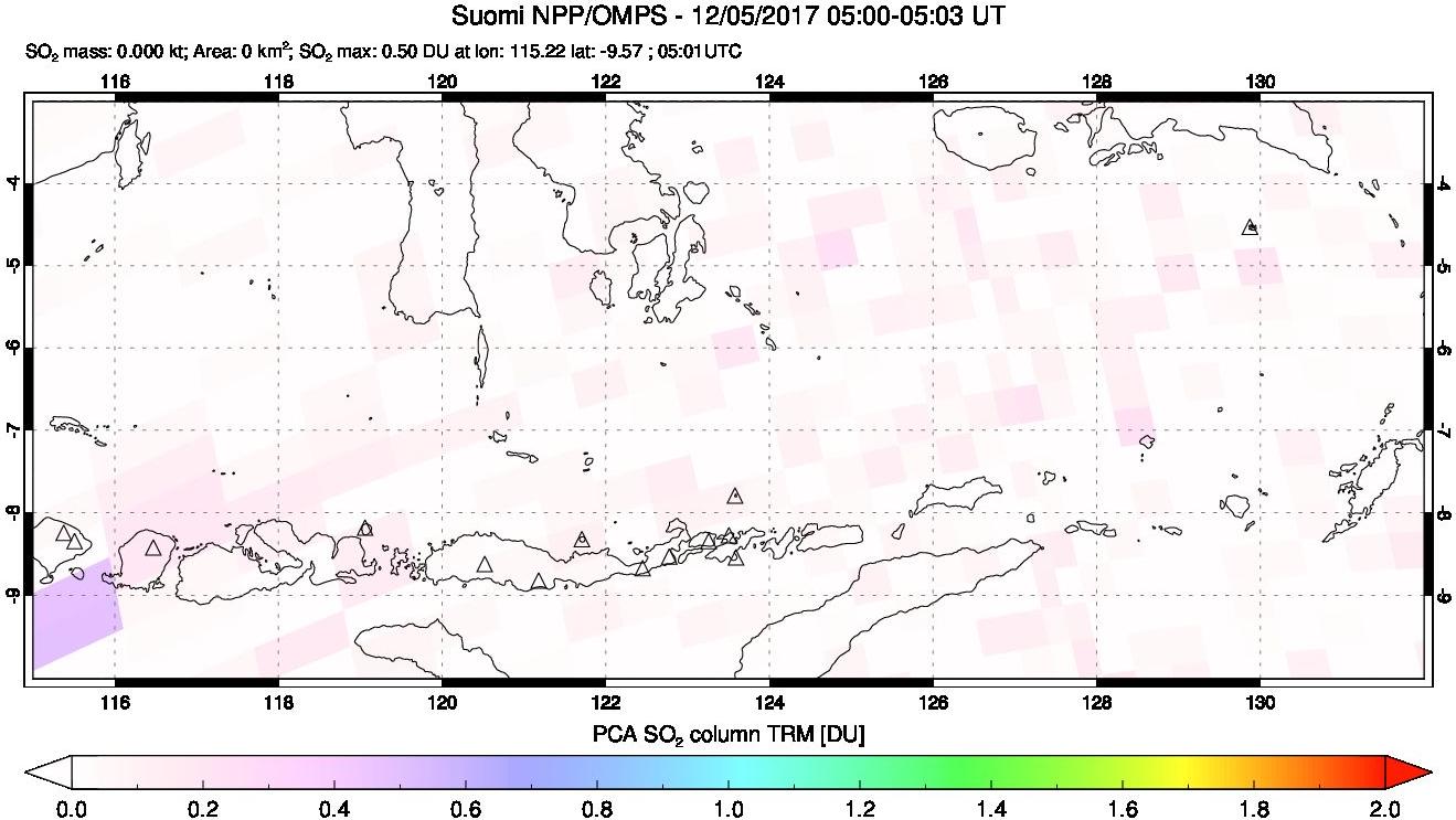 A sulfur dioxide image over Lesser Sunda Islands, Indonesia on Dec 05, 2017.