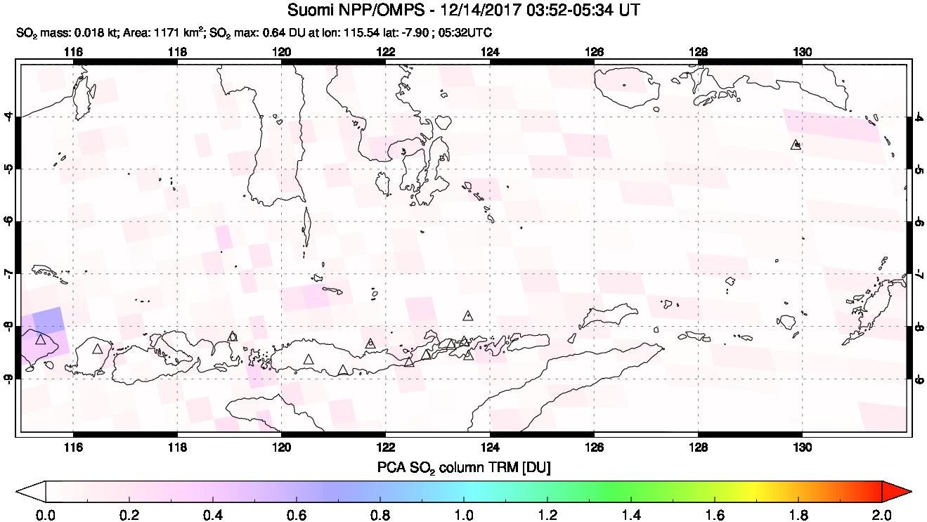 A sulfur dioxide image over Lesser Sunda Islands, Indonesia on Dec 14, 2017.