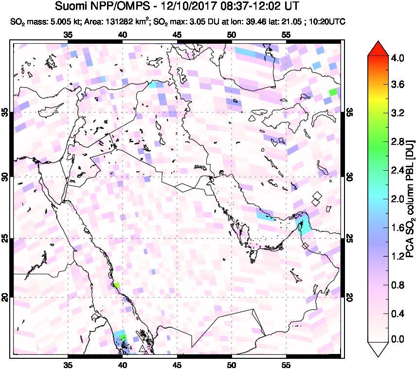 A sulfur dioxide image over Middle East on Dec 10, 2017.