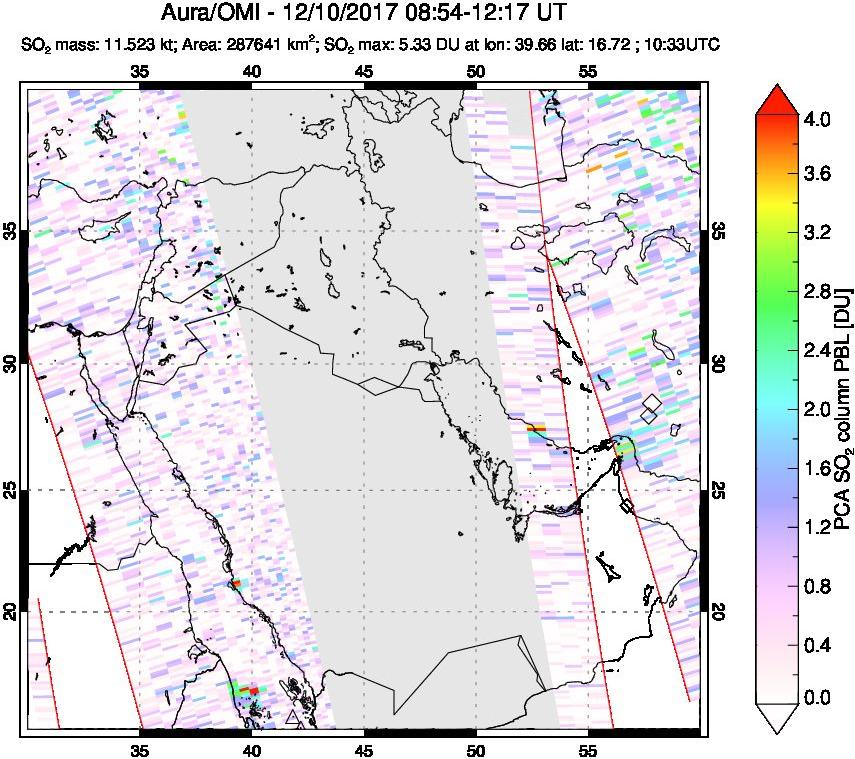 A sulfur dioxide image over Middle East on Dec 10, 2017.