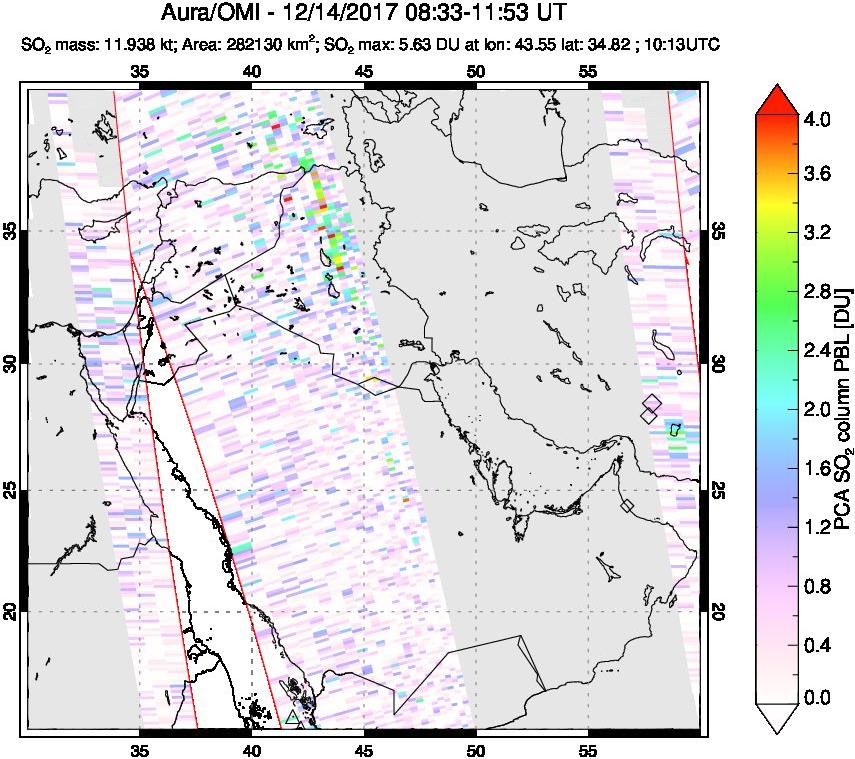 A sulfur dioxide image over Middle East on Dec 14, 2017.