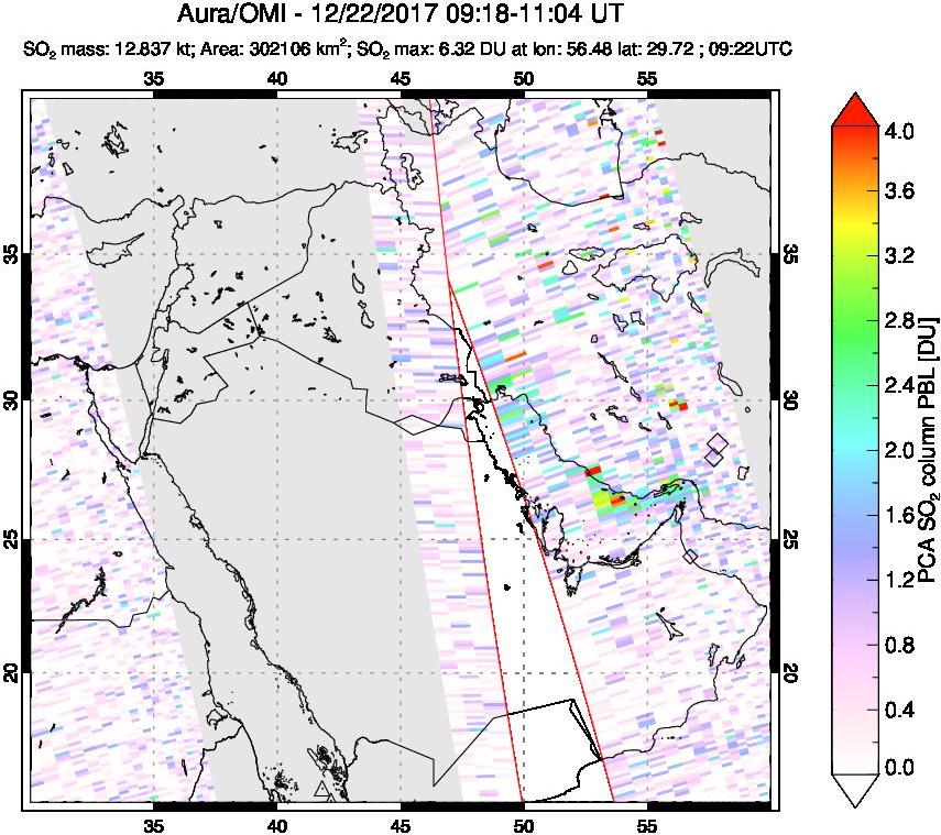 A sulfur dioxide image over Middle East on Dec 22, 2017.
