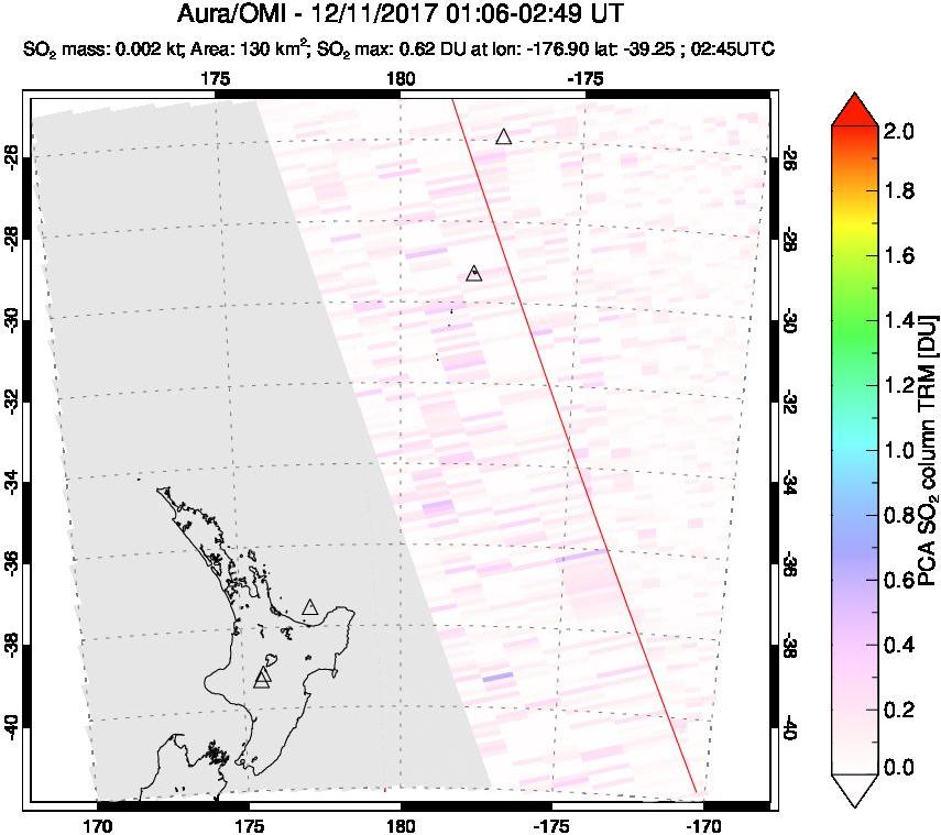 A sulfur dioxide image over New Zealand on Dec 11, 2017.