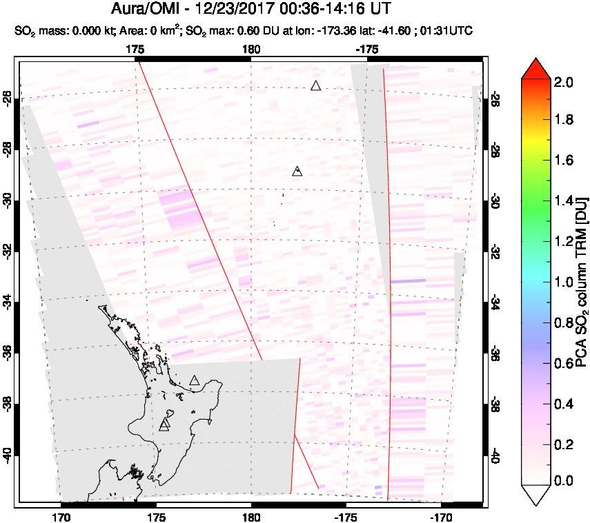 A sulfur dioxide image over New Zealand on Dec 23, 2017.