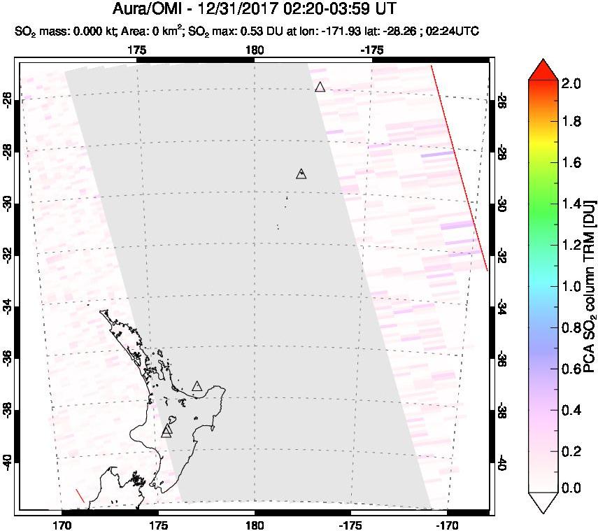 A sulfur dioxide image over New Zealand on Dec 31, 2017.