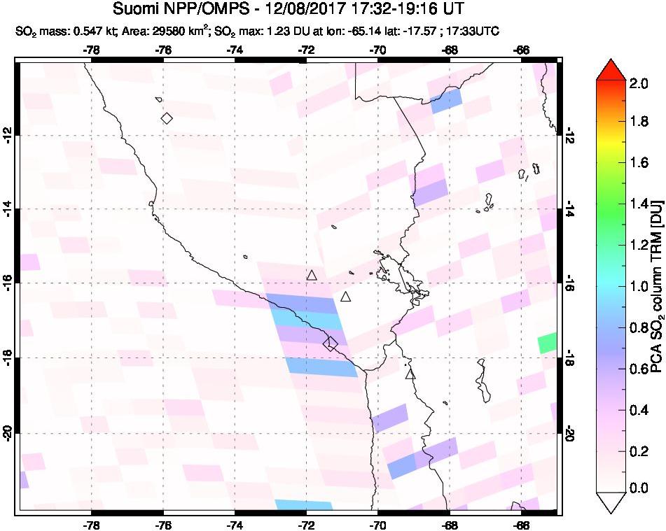 A sulfur dioxide image over Peru on Dec 08, 2017.