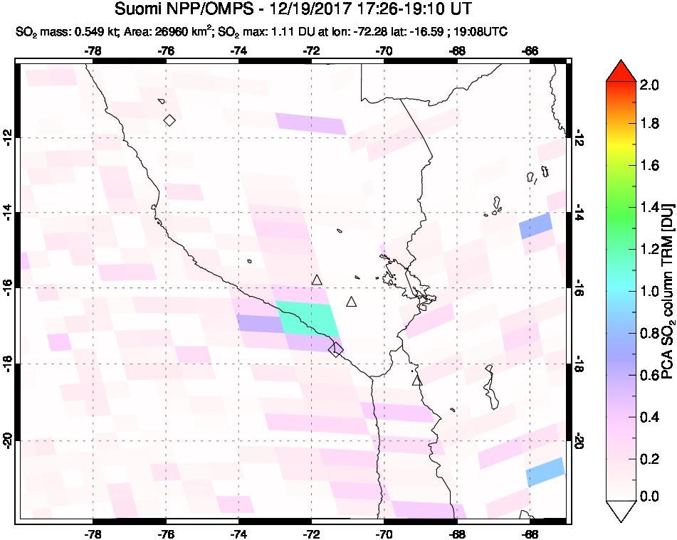 A sulfur dioxide image over Peru on Dec 19, 2017.