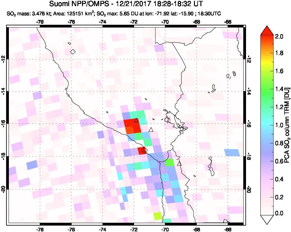 A sulfur dioxide image over Peru on Dec 21, 2017.