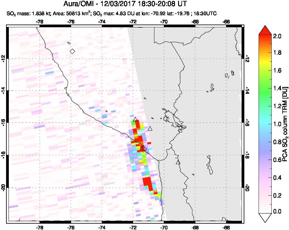 A sulfur dioxide image over Peru on Dec 03, 2017.