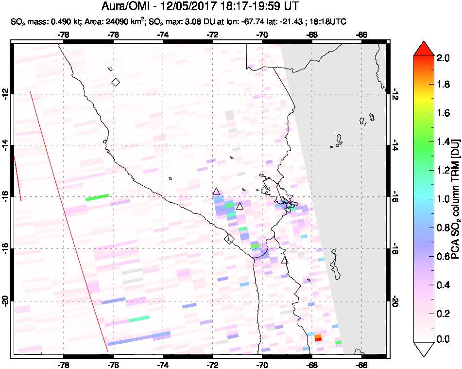 A sulfur dioxide image over Peru on Dec 05, 2017.