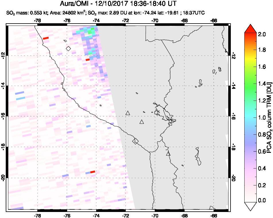 A sulfur dioxide image over Peru on Dec 10, 2017.