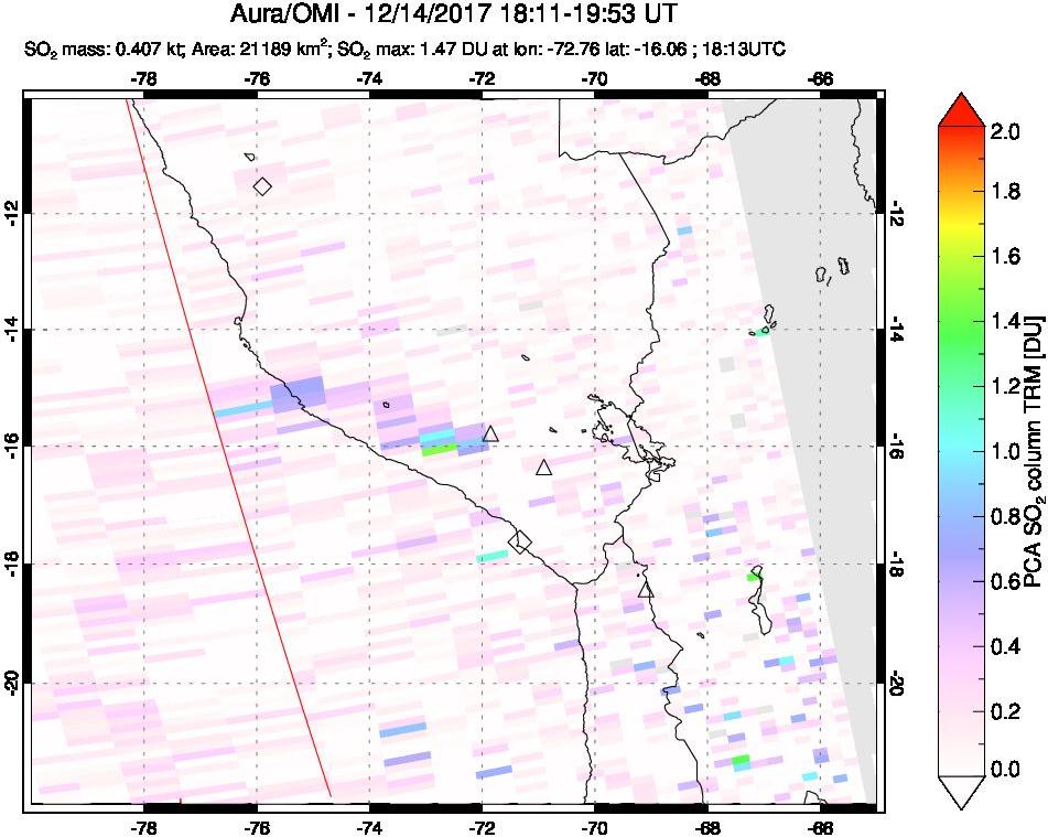 A sulfur dioxide image over Peru on Dec 14, 2017.