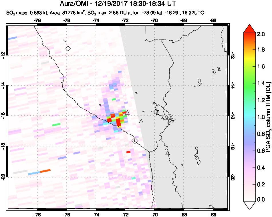 A sulfur dioxide image over Peru on Dec 19, 2017.
