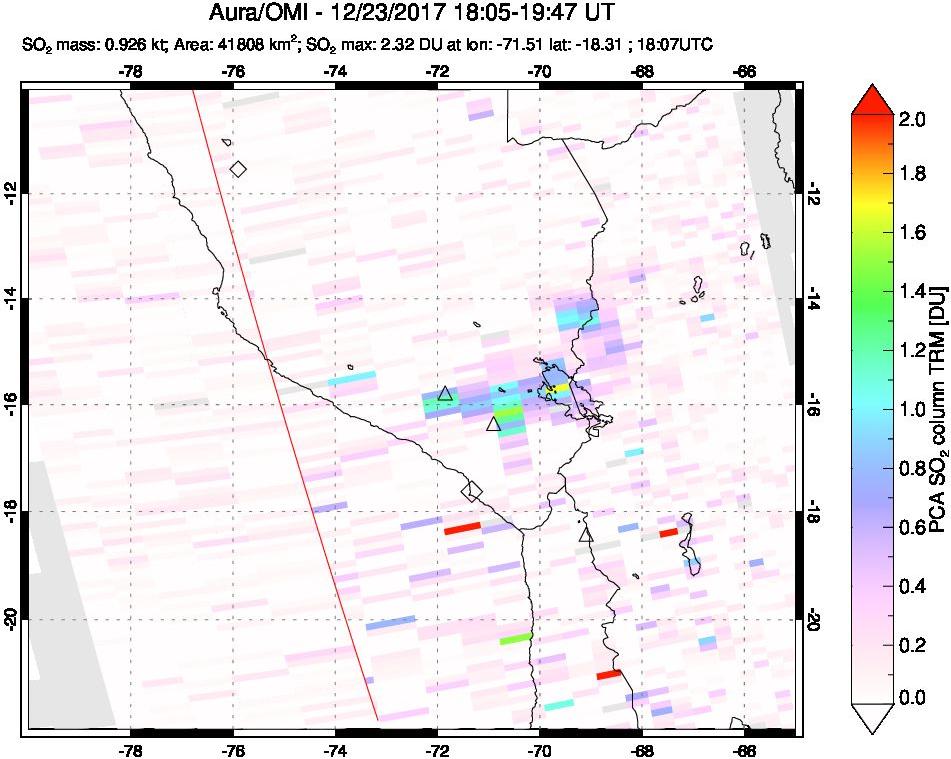 A sulfur dioxide image over Peru on Dec 23, 2017.