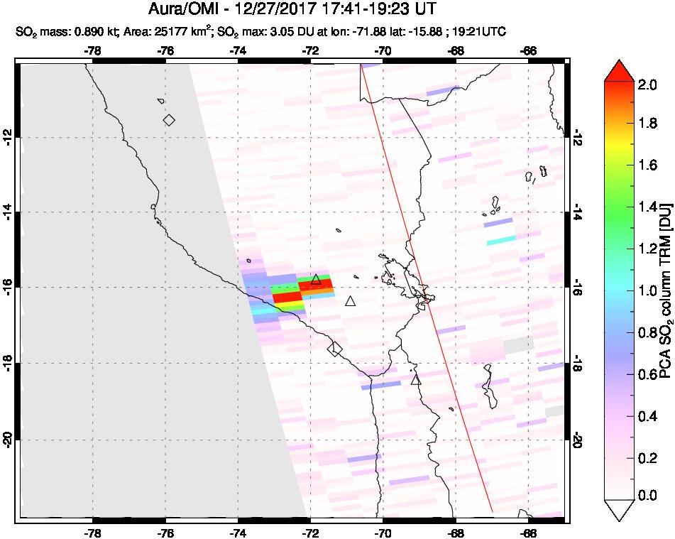 A sulfur dioxide image over Peru on Dec 27, 2017.