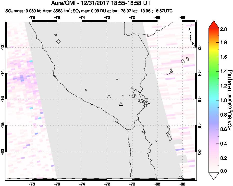 A sulfur dioxide image over Peru on Dec 31, 2017.
