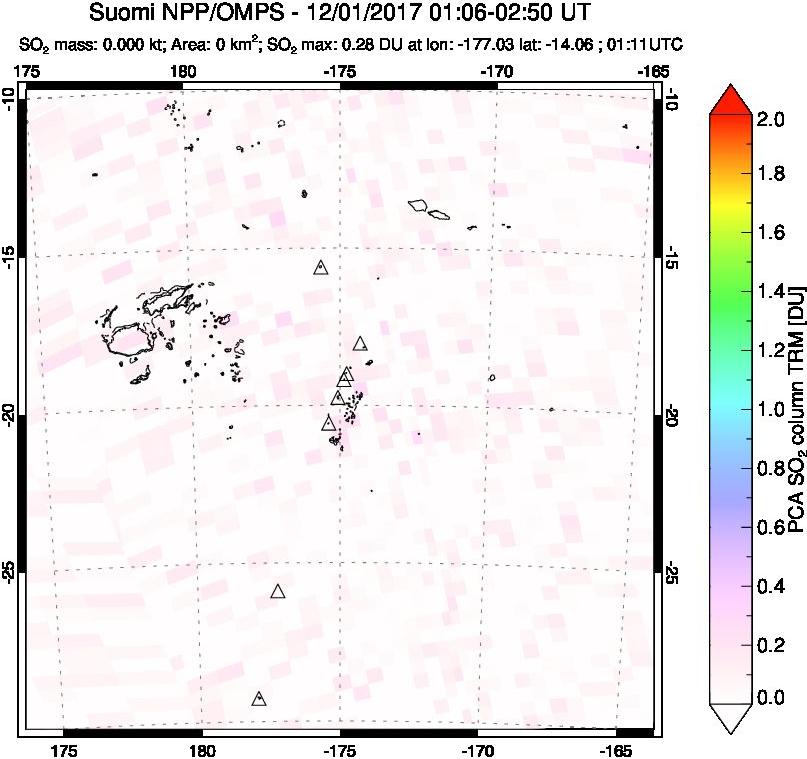 A sulfur dioxide image over Tonga, South Pacific on Dec 01, 2017.