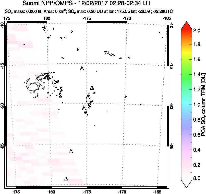 A sulfur dioxide image over Tonga, South Pacific on Dec 02, 2017.