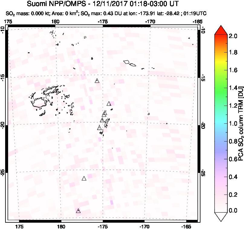 A sulfur dioxide image over Tonga, South Pacific on Dec 11, 2017.