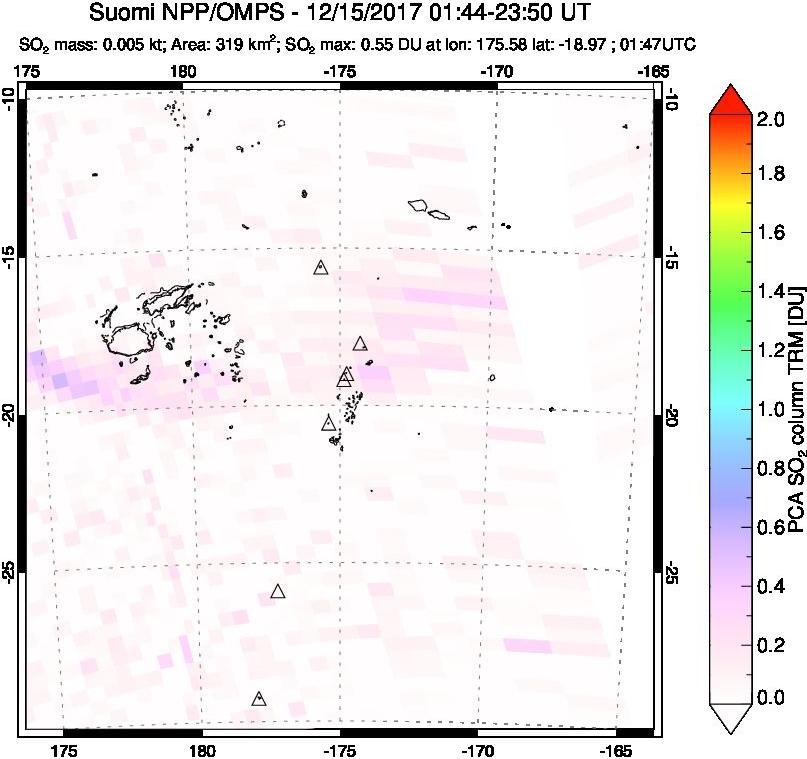 A sulfur dioxide image over Tonga, South Pacific on Dec 15, 2017.