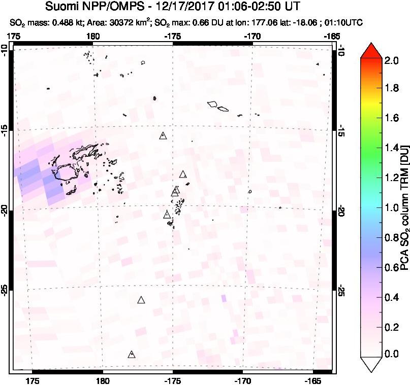 A sulfur dioxide image over Tonga, South Pacific on Dec 17, 2017.