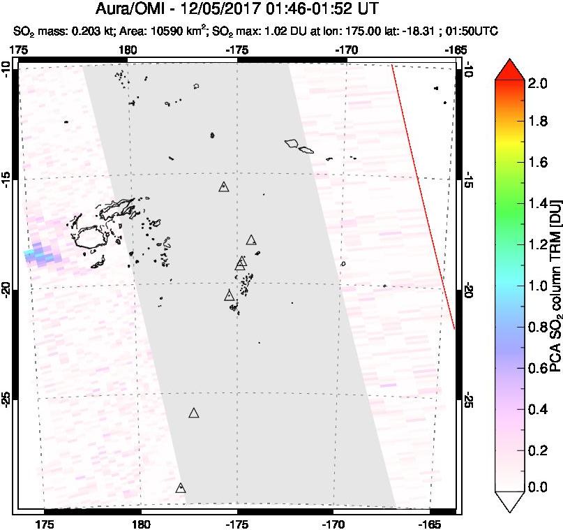 A sulfur dioxide image over Tonga, South Pacific on Dec 05, 2017.