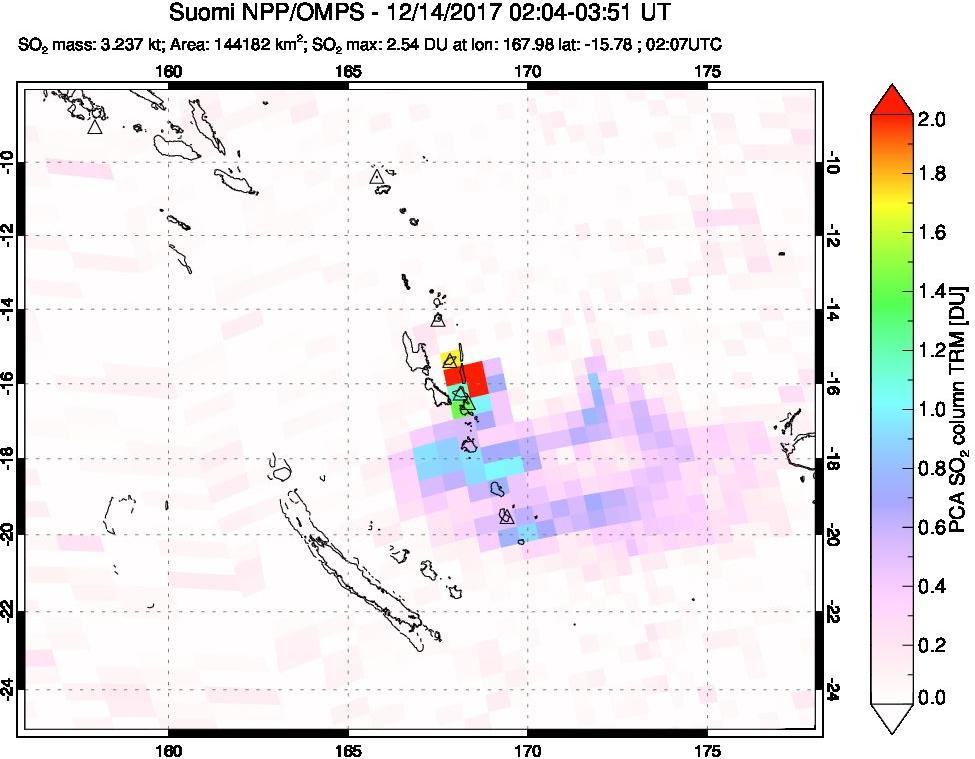 A sulfur dioxide image over Vanuatu, South Pacific on Dec 14, 2017.