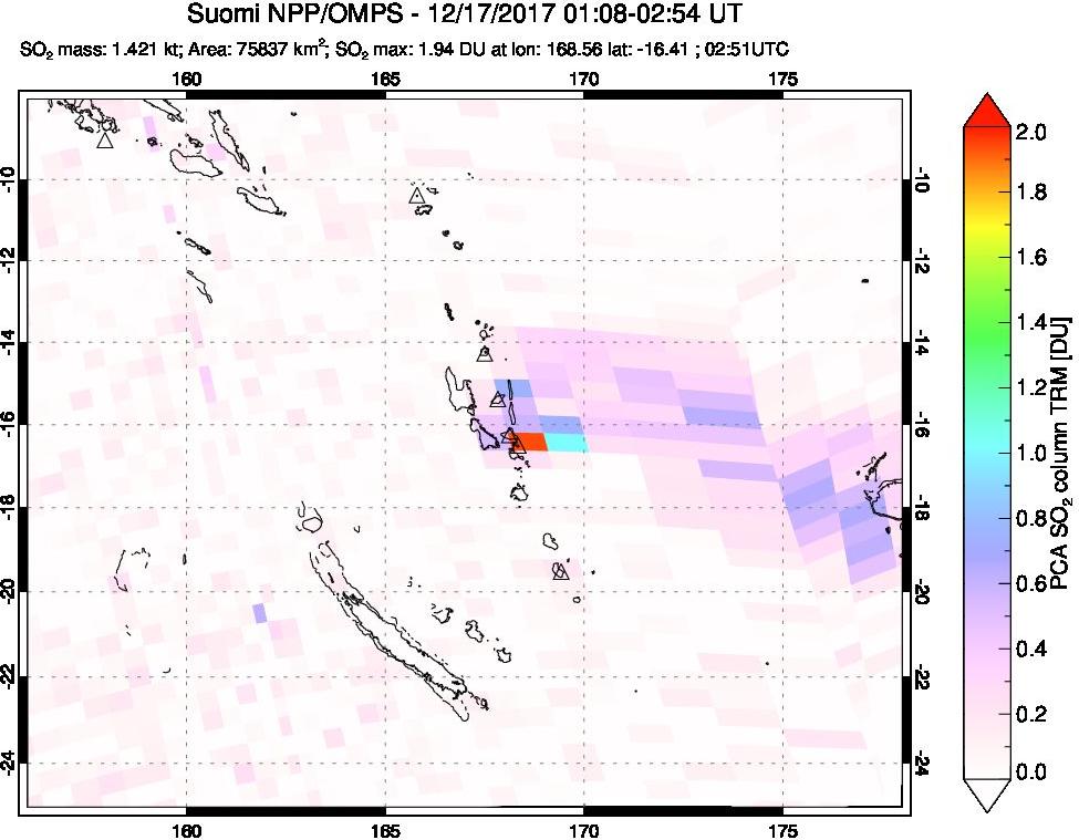 A sulfur dioxide image over Vanuatu, South Pacific on Dec 17, 2017.
