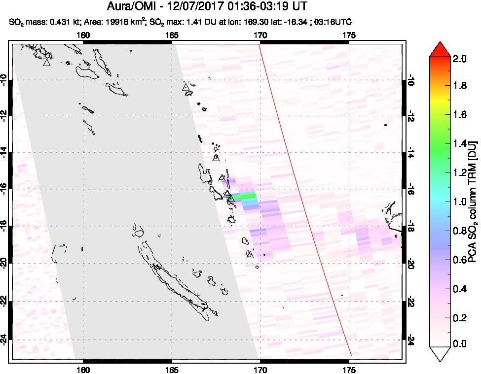 A sulfur dioxide image over Vanuatu, South Pacific on Dec 07, 2017.