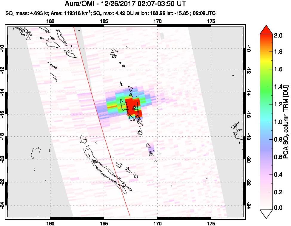 A sulfur dioxide image over Vanuatu, South Pacific on Dec 26, 2017.