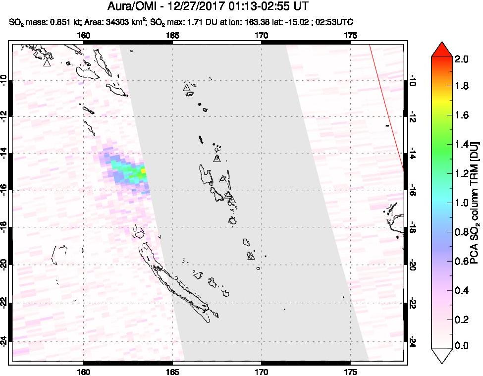 A sulfur dioxide image over Vanuatu, South Pacific on Dec 27, 2017.