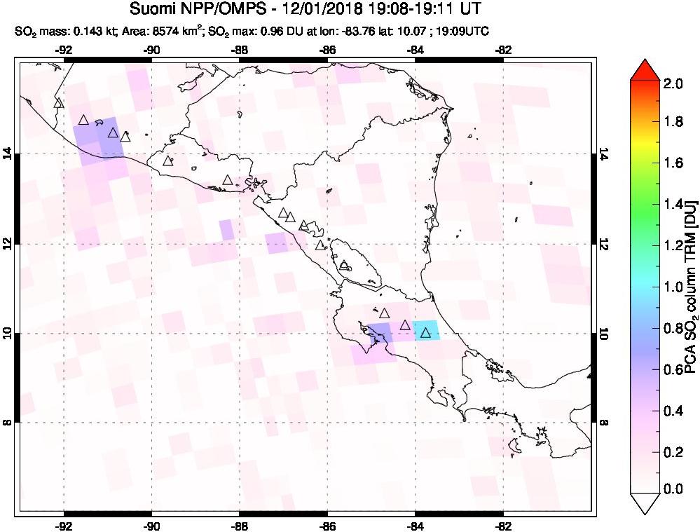 A sulfur dioxide image over Central America on Dec 01, 2018.