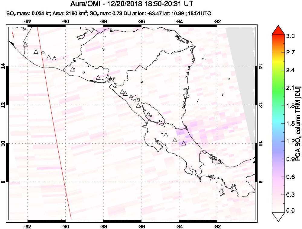 A sulfur dioxide image over Central America on Dec 20, 2018.