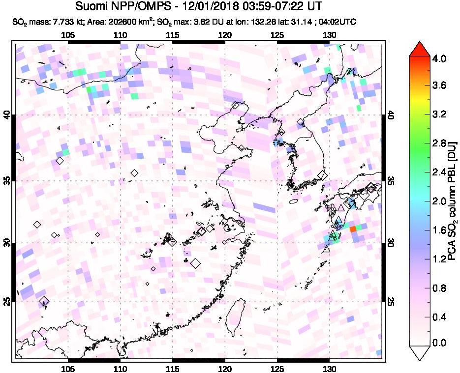 A sulfur dioxide image over Eastern China on Dec 01, 2018.