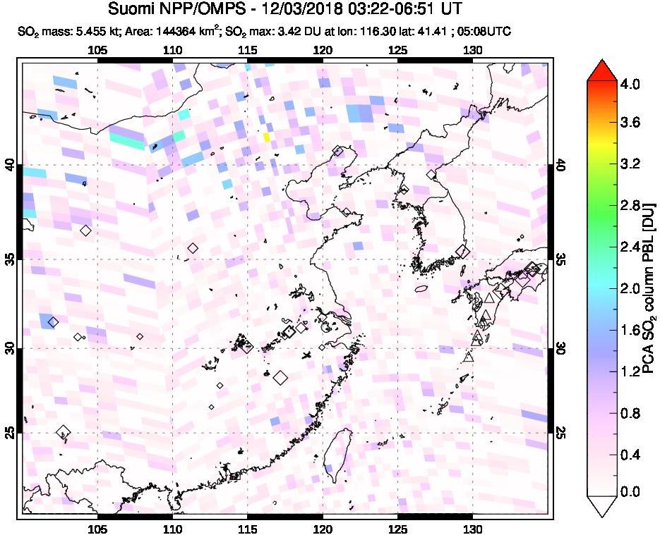 A sulfur dioxide image over Eastern China on Dec 03, 2018.