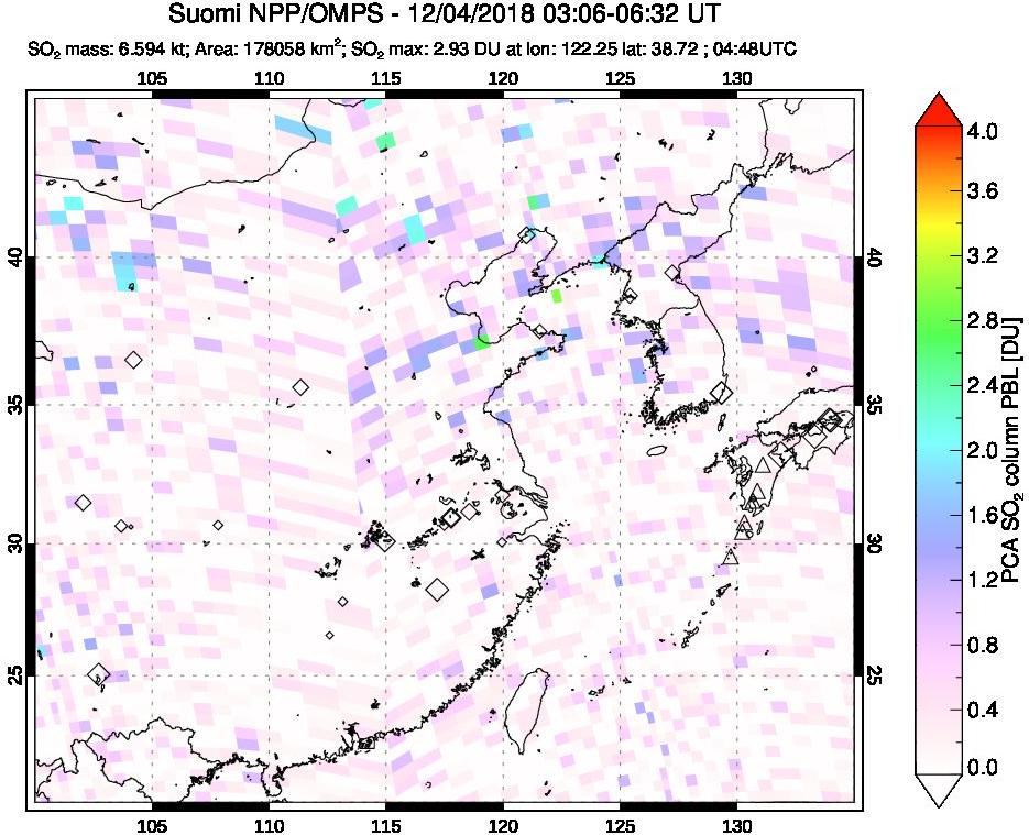 A sulfur dioxide image over Eastern China on Dec 04, 2018.
