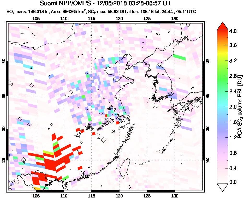 A sulfur dioxide image over Eastern China on Dec 08, 2018.