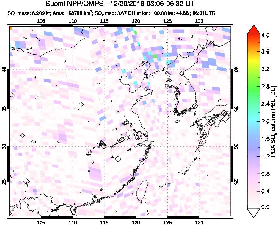 A sulfur dioxide image over Eastern China on Dec 20, 2018.