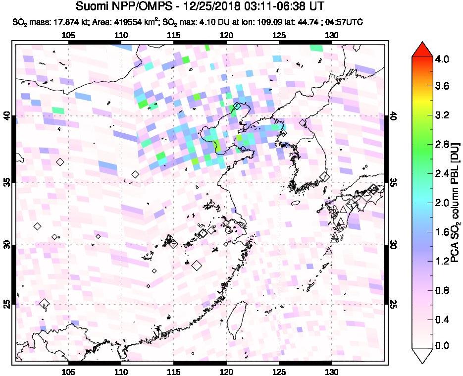A sulfur dioxide image over Eastern China on Dec 25, 2018.