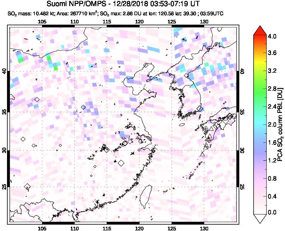 A sulfur dioxide image over Eastern China on Dec 28, 2018.
