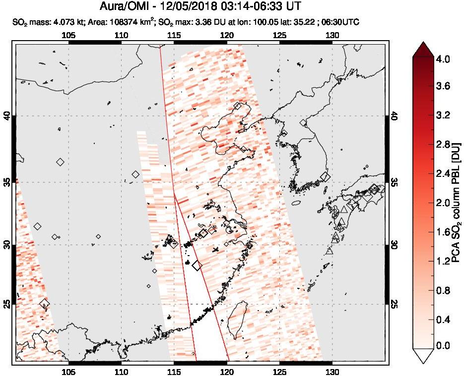 A sulfur dioxide image over Eastern China on Dec 05, 2018.