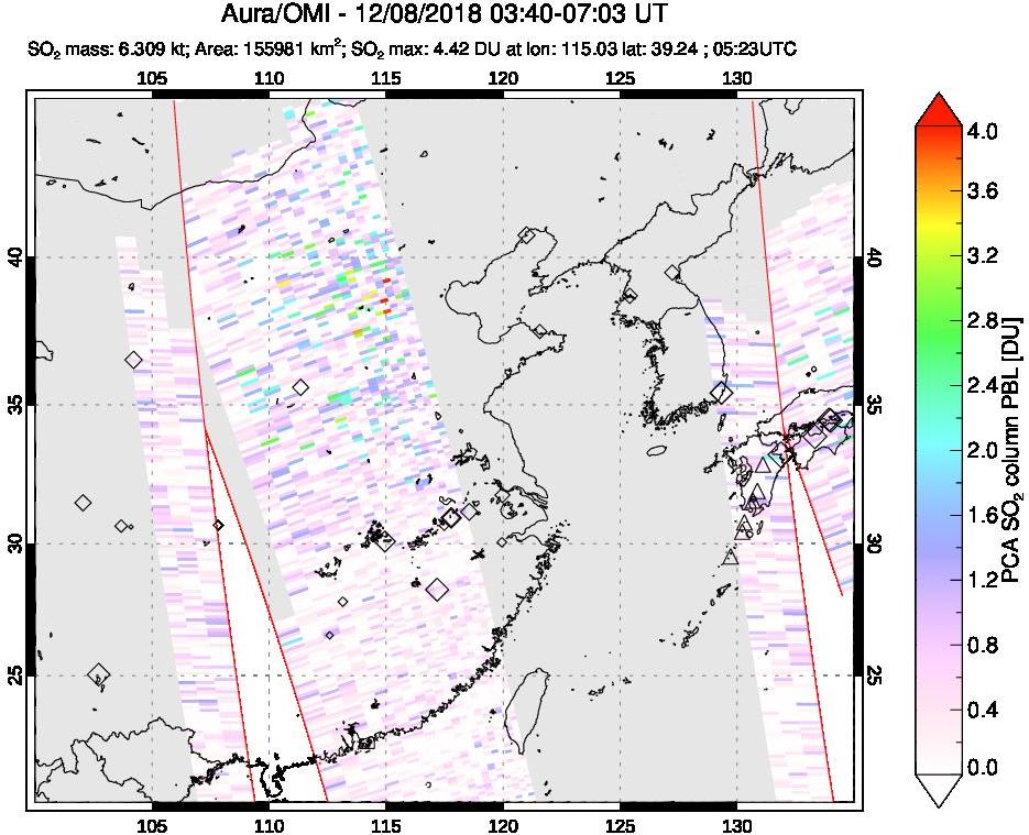 A sulfur dioxide image over Eastern China on Dec 08, 2018.