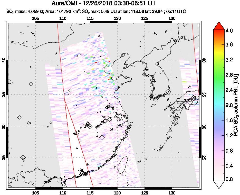 A sulfur dioxide image over Eastern China on Dec 26, 2018.