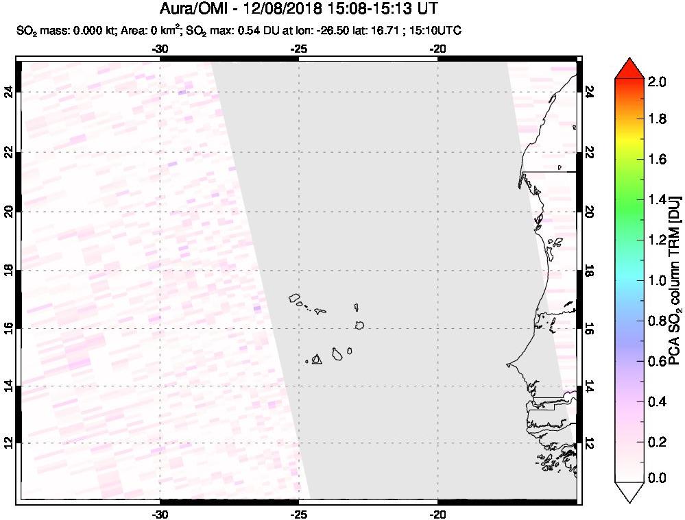 A sulfur dioxide image over Cape Verde Islands on Dec 08, 2018.