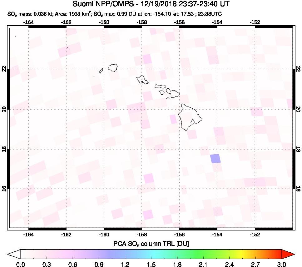 A sulfur dioxide image over Hawaii, USA on Dec 19, 2018.