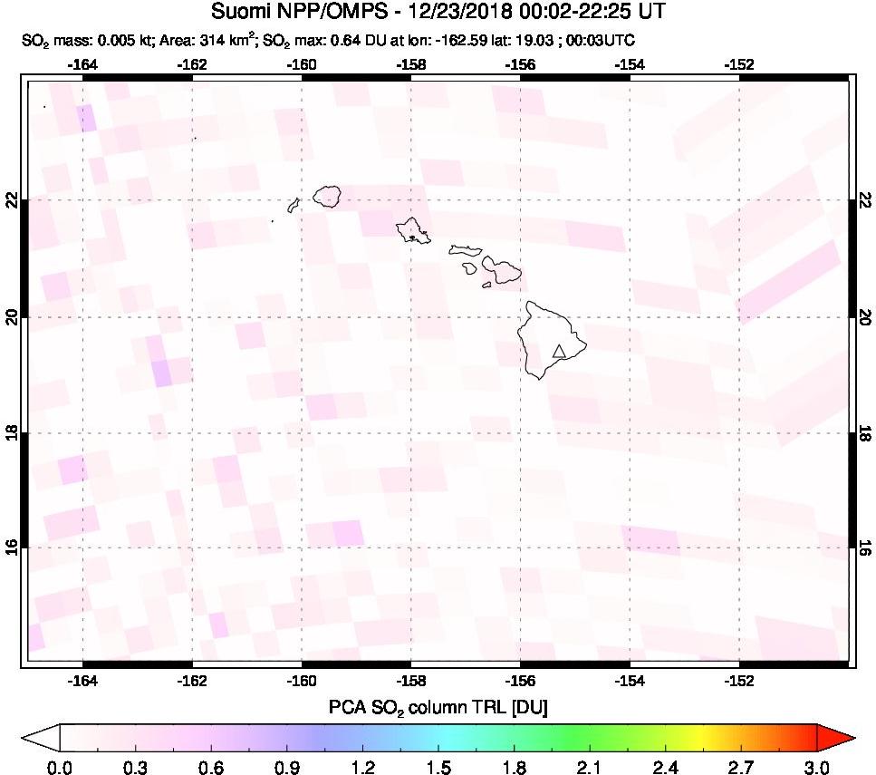 A sulfur dioxide image over Hawaii, USA on Dec 23, 2018.