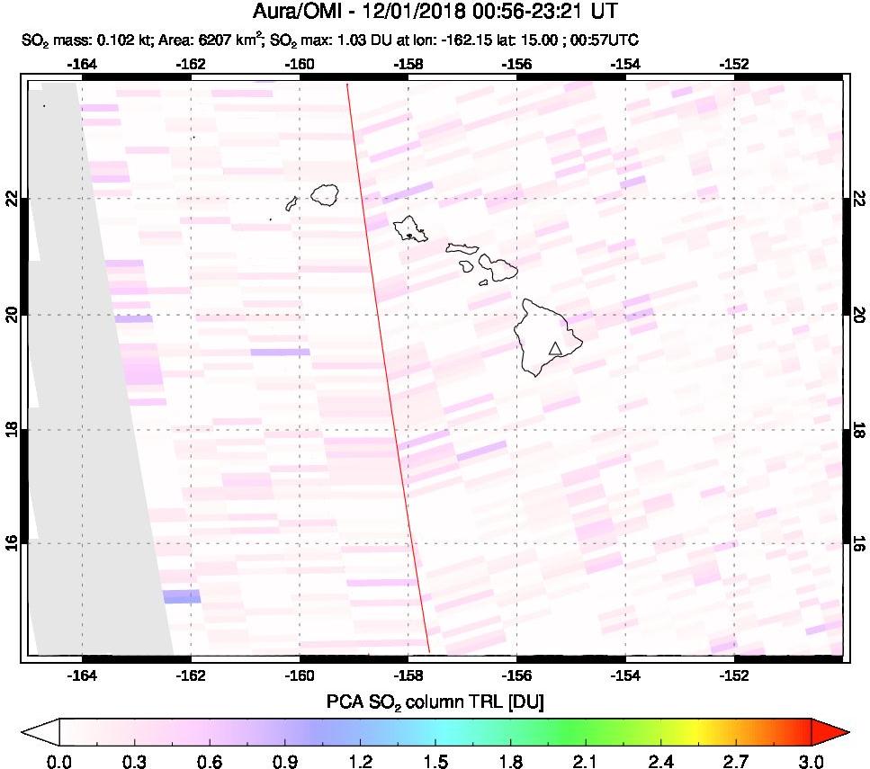 A sulfur dioxide image over Hawaii, USA on Dec 01, 2018.