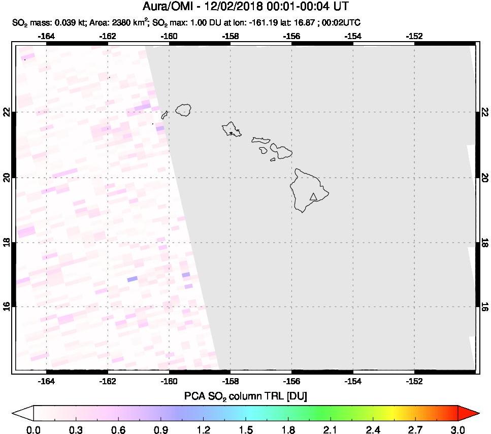 A sulfur dioxide image over Hawaii, USA on Dec 02, 2018.